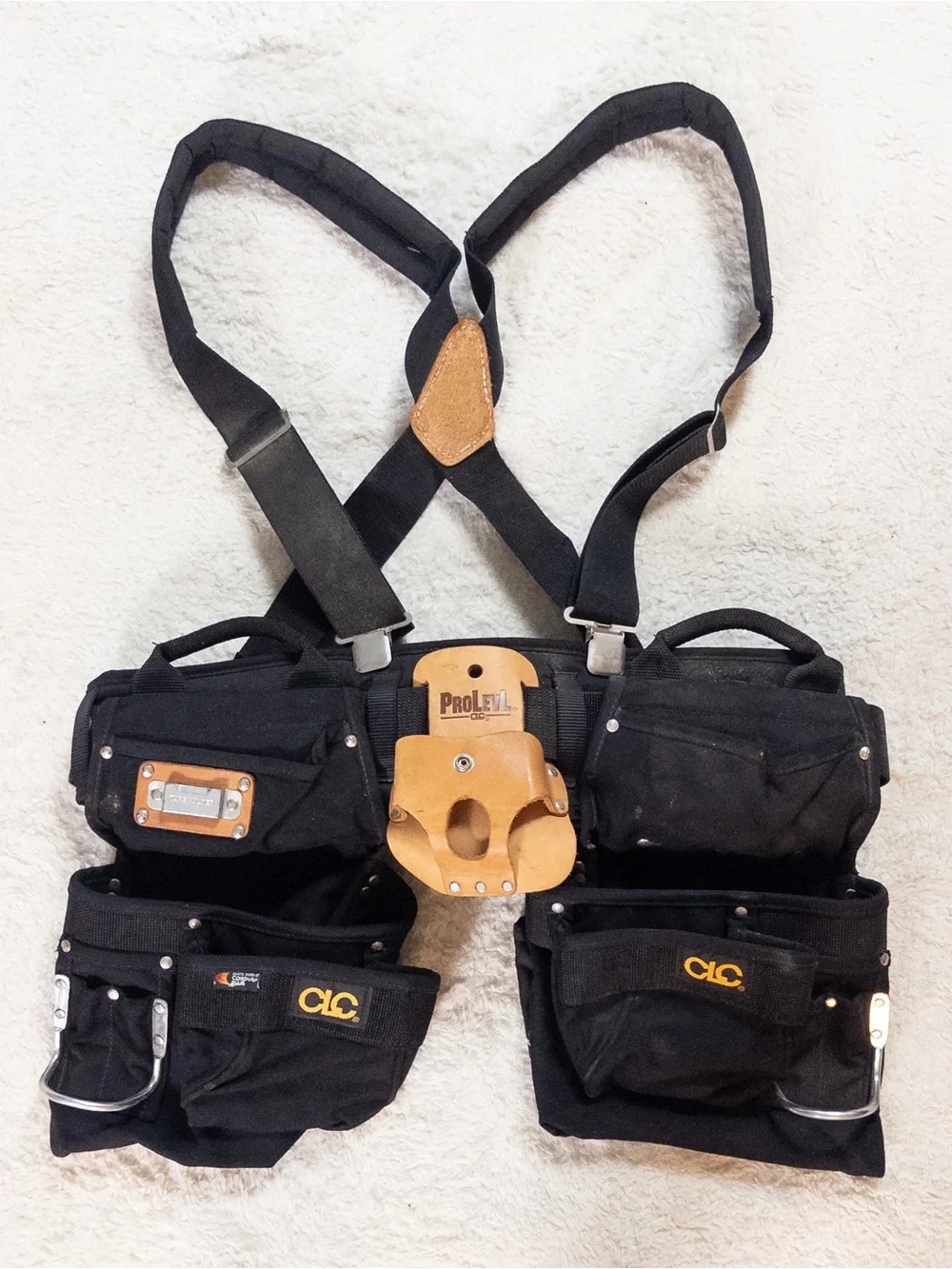 CLC Black Tool Belt Suspenders Leather Accents Pro Level Hammer Holder